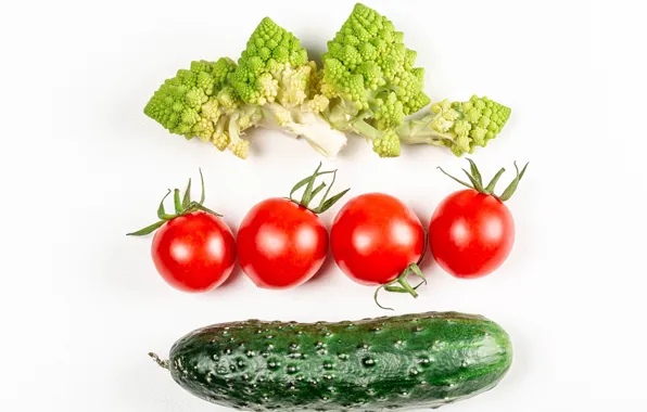 Cucumber, white background, vegetables, tomatoes, broccoli