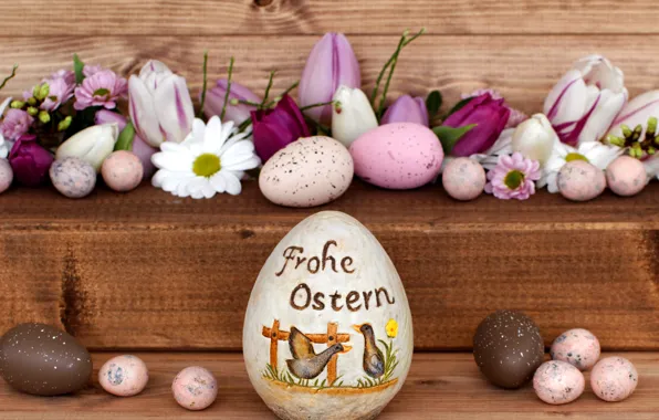 Flowers, holiday, Board, eggs, Easter, tulips, Easter, eggs
