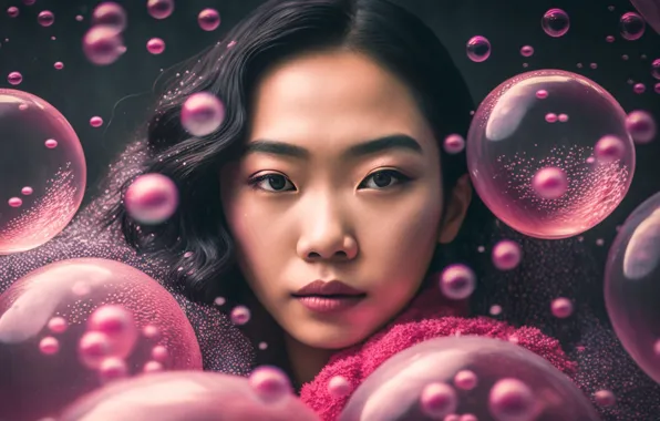 Look, girl, face, bubbles, rendering, balls, graphics, portrait