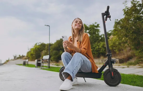 Girl, bike, woman, people, electric, phone, smartphone, mobile