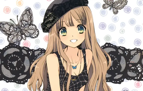 Picture girl, smile, butterfly, lace, takes, art, noizi ito