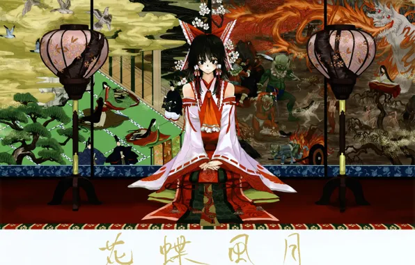 Birds, flame, garden, lights, characters, demons, touhou, art