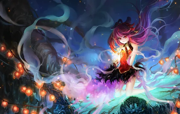 Girl, branches, magic, art, lights, red eyes, huazha01