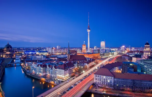Picture road, the city, lights, river, the evening, bridges, Berlin