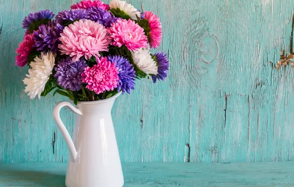 Background, Board, bouquet, white, vase, pitcher, colorful, asters