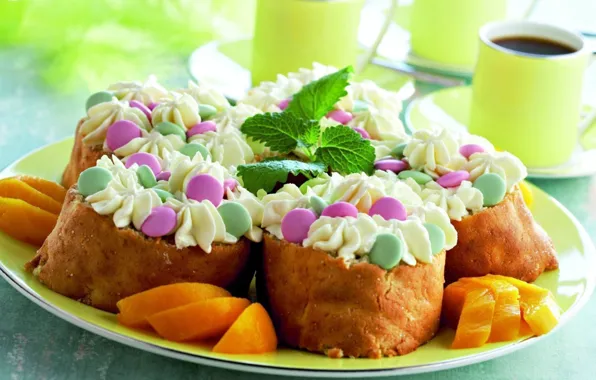 Coffee, fruit, pancakes, decor, rolls