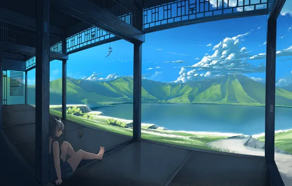 Cat, girl, tangle, lake, hills, terrace