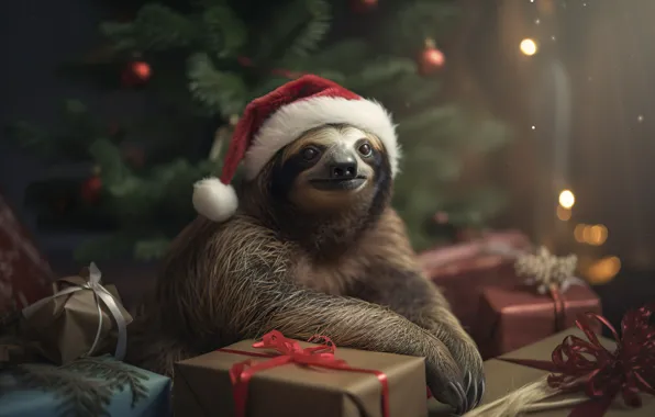 Look, portrait, Christmas, New year, sloth, face, AI art, neural network