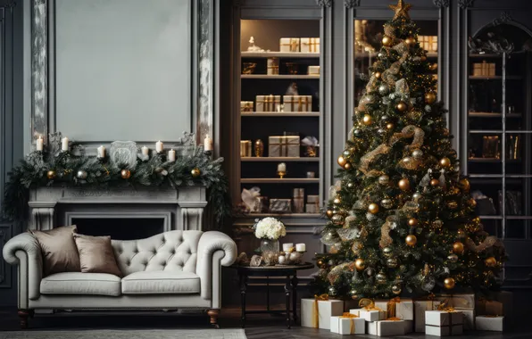 Room, tree, interior, Christmas, New year, Christmas, view, tree