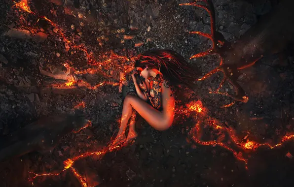Fire, girl, sexy, legs, art, tatoo, Maxim Gustarev