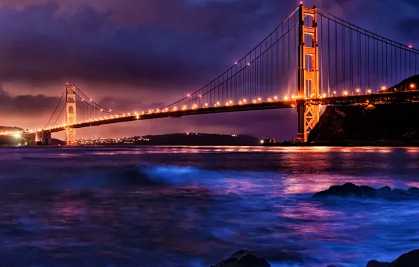 Landscape, mountains, night, bridge, Strait, lighting, CA, San Francisco