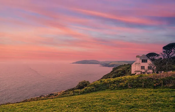 Sea, trees, house, dawn, shore, glade, dal, morning