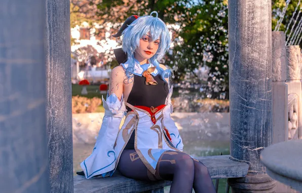 Bench, costume, outfit, columns, image, blue hair, cosplay, tenletters