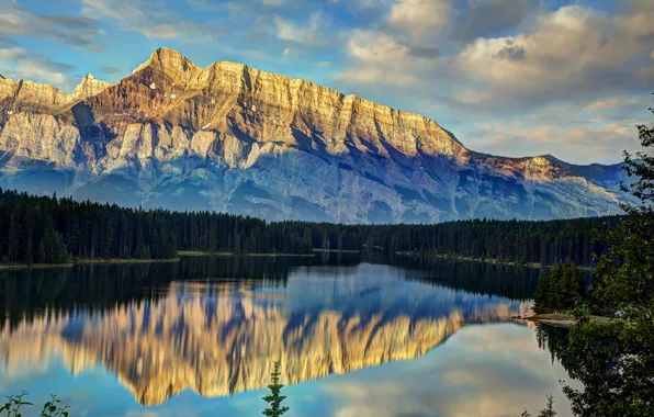 Forest, landscape, mountains, lake, Banff National Park, Alberta, Canada, Two Jack Lake