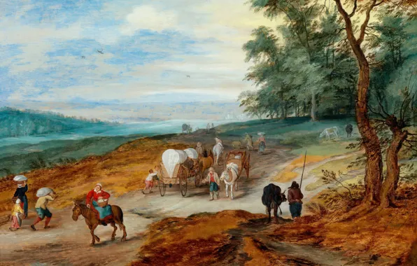Picture people, picture, wagon, A landscape with Travelers, Jan Brueghel the younger