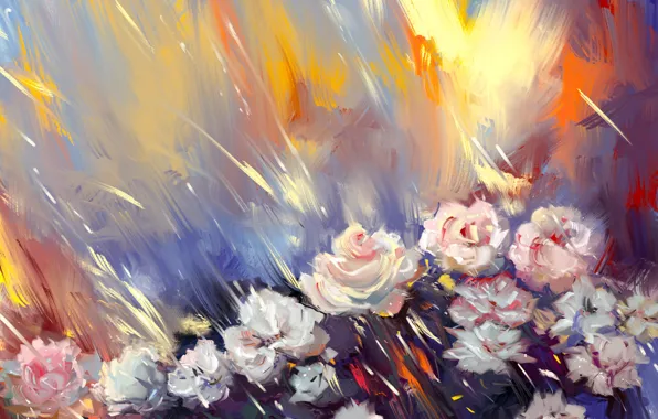 Flowers, roses, art, painting