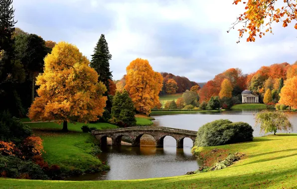 Autumn, bridge, lake, England, Gold, Pantheon, The Palladian
