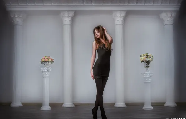 Flowers, pose, style, model, figure, columns, black dress, Anastasia Ljubytinsky