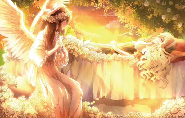 Picture sunset, flowers, smile, girls, roses, wings, angel, anime