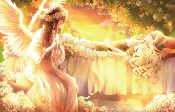 Sunset, flowers, smile, girls, roses, wings, angel, anime