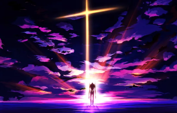Picture the sky, clouds, sunset, robot, anime, art, neon genesis evangelion, fur
