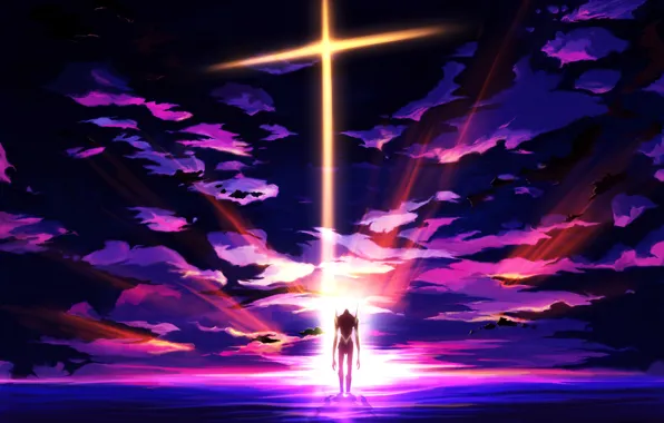 The sky, clouds, sunset, robot, anime, art, neon genesis evangelion, fur