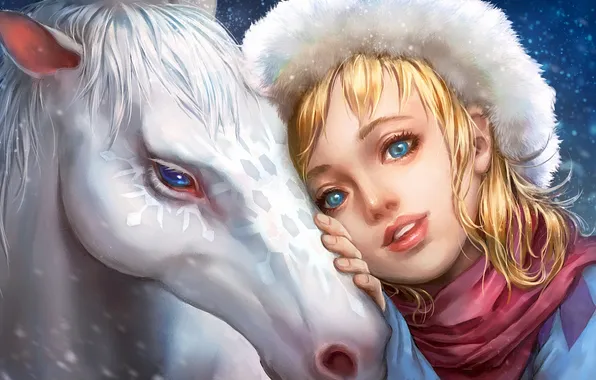Winter, girl, horse, art, white, fur, con