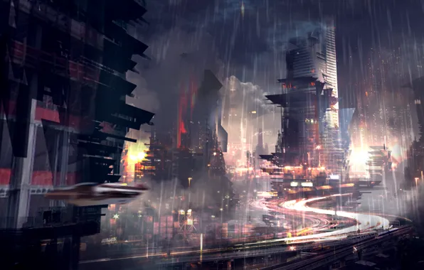 The city, future, rain, skyscrapers, Noir, megapolis
