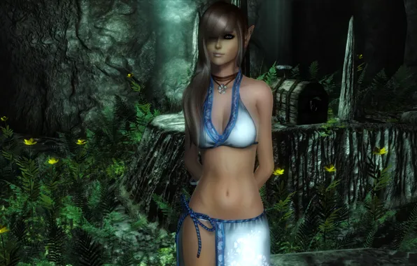 Light, Girl, cave, chest, fern, pointy ears