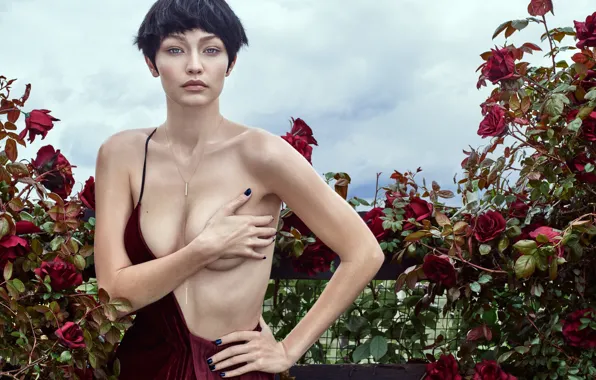 Chest, flowers, model, roses, makeup, figure, dress, brunette