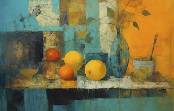 Leaves, branches, cracked, table, paint, picture, stains, dishes