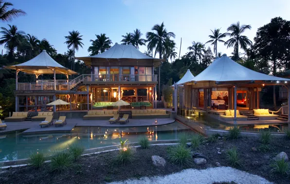 House, palm trees, sport, the evening, pool, hall, pool, Bungalow
