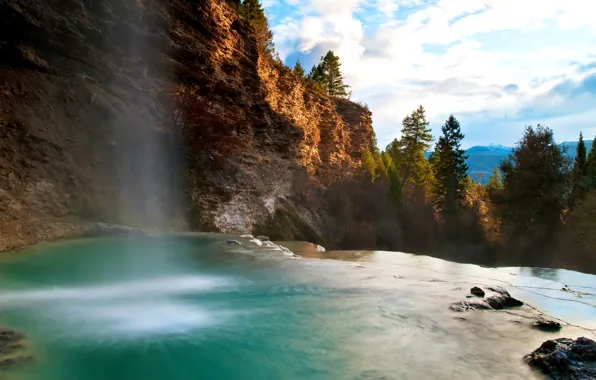 Picture the sky, trees, mountains, nature, waterfall, cascade