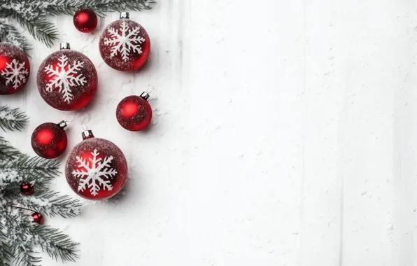 Winter, balls, snow, snowflakes, branches, Christmas, red, white background