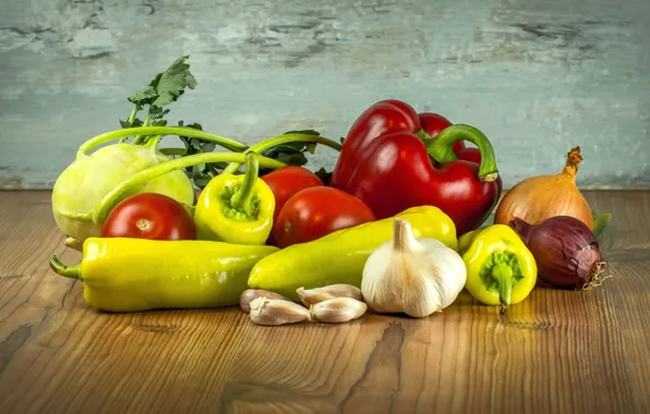 Table, Board, bow, pepper, vegetables, tomatoes, different, garlic