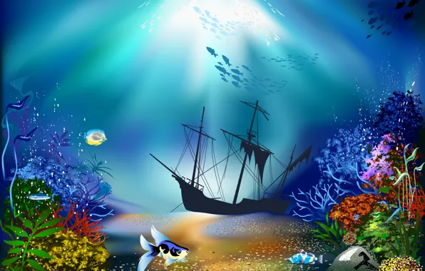 Ship, corals, underwater world