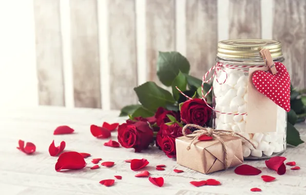 Gift, roses, petals, Bank, red, the holiday of all lovers, valentine`s day, marshmallows