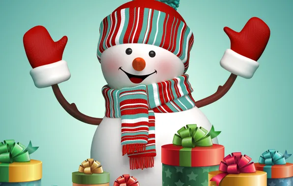 New Year, Christmas, gifts, snowman, Christmas, New Year, cute, snowman