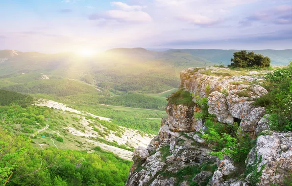 Greens, summer, the sun, clouds, rays, light, trees, mountains