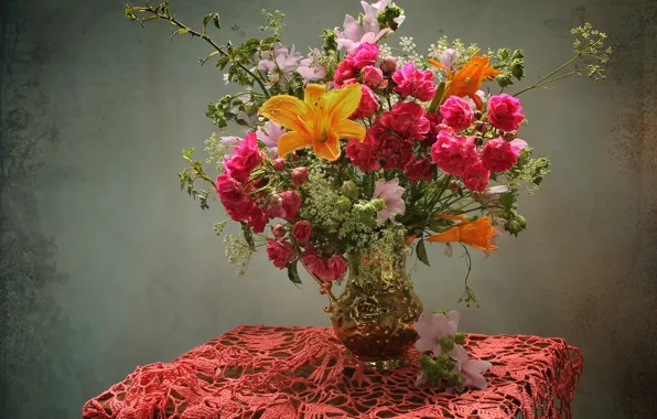Table, Lily, roses, bouquet, vase, tablecloth