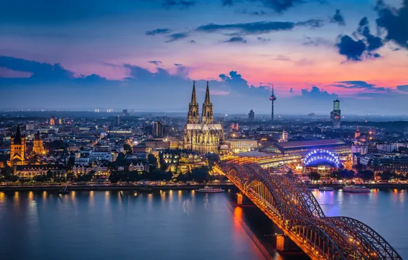 Light, bridge, the city, lights, Germany, Cologne Cathedral, Cologne