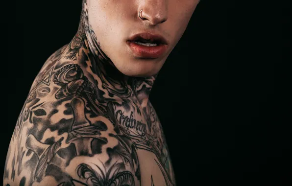 Piercing, ring, tattoo, lips, shoulders, tattoo