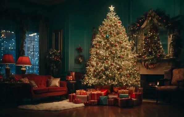 Picture decoration, room, tree, interior, Christmas, gifts, New year, Christmas