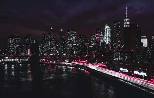 Brooklyn bridge, promenade, skyscrapers, New York, usa, night city lights