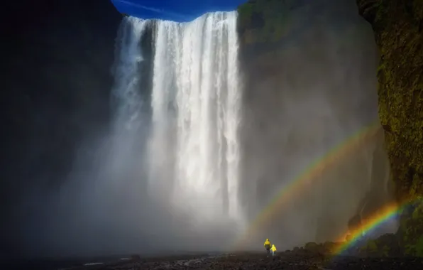 People, waterfall, rainbow, Iceland, Skogafoss