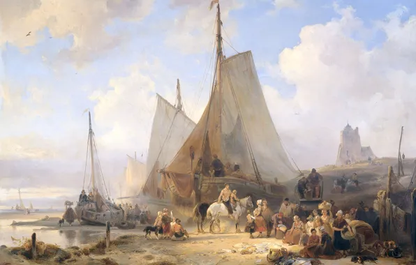 Tree, oil, picture, sail, Wijnand Nuijen, Sorting The Catch, Fishing Boats on the Beach with …