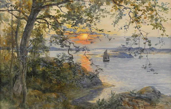 The evening, Anna Gardell-Ericson, Coastal landscape with a sailing boat in the sunset