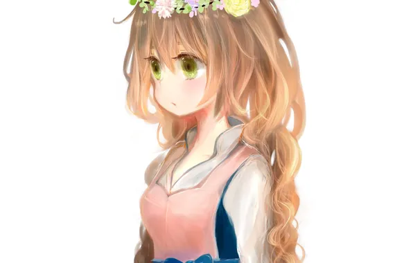 Picture girl, flowers, anime, art, braids, bows, wreath, milkuro-cat
