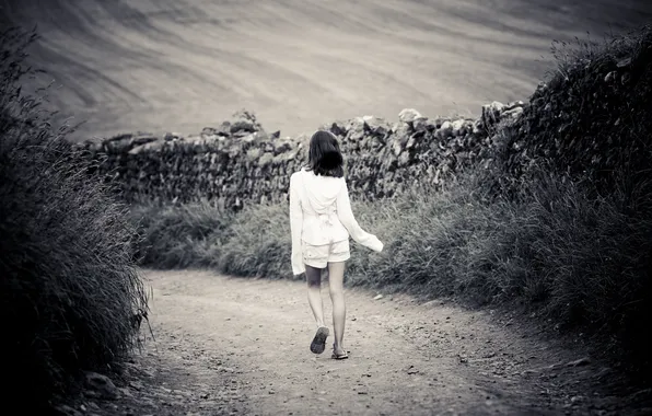 Road, field, grass, the way, loneliness, stones, mood, black and white