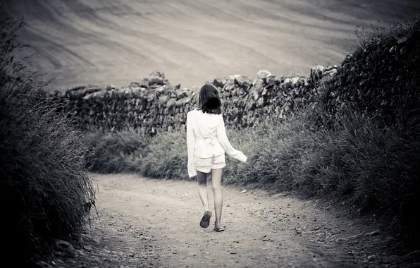 Picture road, field, grass, the way, loneliness, stones, mood, black and white